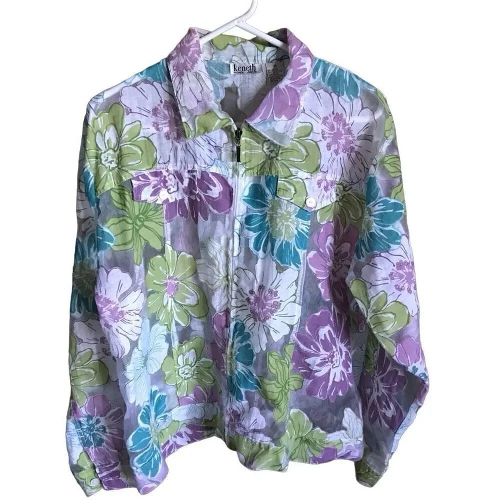 Kenneth too Jacket semi sheer floral Women’s Size 1X zip front purple green